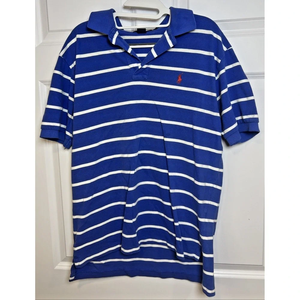 Polo Ralph Lauren Blue White Stripe Polo Shirt Red Pony Men's Large 100% Cotton